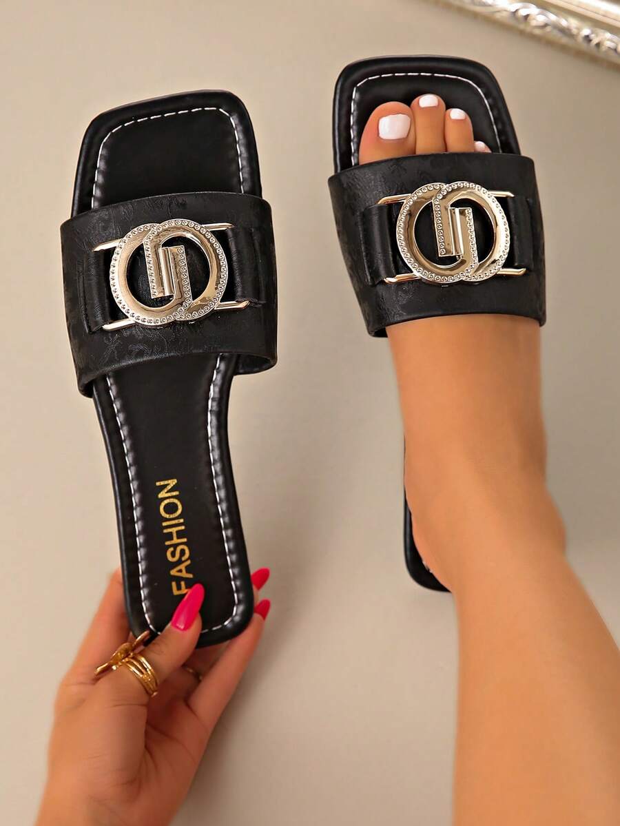 [Sandalias planas casuales] Sandalias planas casuales de verano para mujer con hebilla de cadena, punta abierta, slip-on, suela de TPR - Adecuadas para la playa