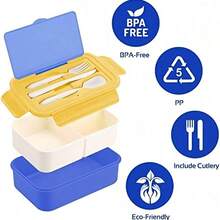 1pc Blue & Yellow Lunch Box, Lunch Box With Cutlery (Upgraded Detachable), 1400ml Child/Adult Bento Box With 3 Compartments, Microwave Friendly Lunch Box For Work, Picnic, Office, Food Storage, Camping, Back To School, Christmas Gift - Multicolor - View 4