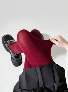 1 par de medias de mujer de color rojo vino de felpa, leggings delgados y elásticos forrados con pelusa para otoño y primavera