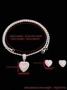 1 件立方氧化锆心形吊坠项链和 1 对心形耳环，女士嘻哈心形吊坠项链和耳环时尚首饰套装，适合日常佩戴或派对，情人节礼物 - 銀色 - 查看 10