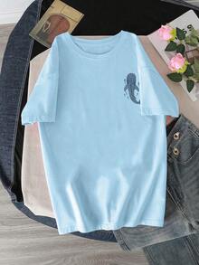 Blusa de manga corta con estampado de criaturas marinas, cuello redondo, blusa de verano para niñas - Celeste - Ver 3