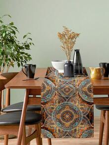 1pc Vintage Mandala Geometric Print Linen Table Runner, Suitable For Holidays, Parties, Birthdays, Dinners, Kitchen & Dining Room Decor, Dresser/Cabinet Cover, All Season Home Decor - Multicolor - View 2