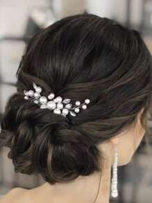 1 件手工仿珍珠和水钻发梳，侧梳小发饰，新娘婚礼发型装饰，梳子，发梳 - 彩色 - 查看 2