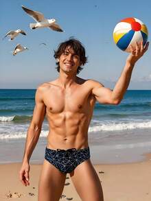 1 Quần bơi nam cạp thấp co giãn, nhanh khô, thoải mái, họa tiết in gợi cảm, không thể thiếu cho kỳ nghỉ ở bãi biển - màu đen - Xem 3