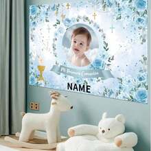 1 szt. Spersonalizowany, spersonalizowany, ręcznie robiony, uroczy niebieski kwiatowy wianek w kształcie krzyża, dekoracja chrztu, możliwość personalizacji imienia i zdjęcia, odpowiedni do pokoju dziecięcego, salonu, tła