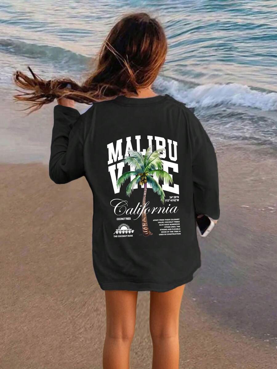 青少年女孩图案印花圆领长袖T恤，秋冬上衣 - 黑色 - 查看 1