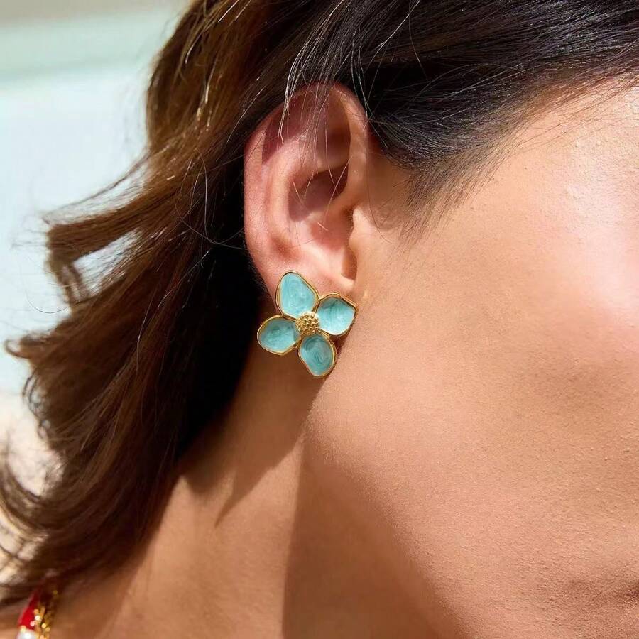 1 par de pendientes de flor coloridos, adecuados para vacaciones y uso casual, joyas delicadas de acero inoxidable teñidas por inmersión