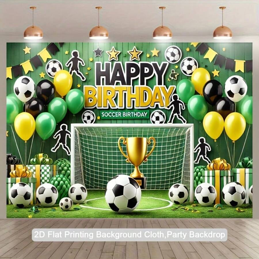1 pieza Fondo de fiesta de cumpleaños de fútbol 2D - Verde vívido con decoración negra y amarilla, telón de fondo de cámara de poliéster para decoración interior/exterior, accesorios de estudio fotográfico con tema deportivo, ideal para entusiastas del deporte y celebraciones, decoración de cumpleaños de fútbol - multicolor/multicolor) - Ver 1
