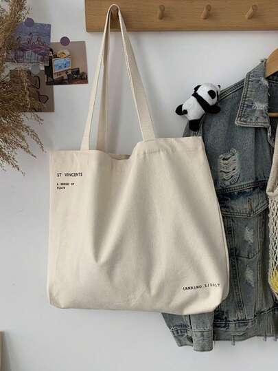 1pc Men's Canvas Shoulder Bag With Letter Print, Casual Tote Bag Large Capacity Reusable Shopping Bag