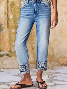 Women's Mid Rise Straight Leg Roll Hem Floral Embroidery Bohemian Denim Crop Jeans