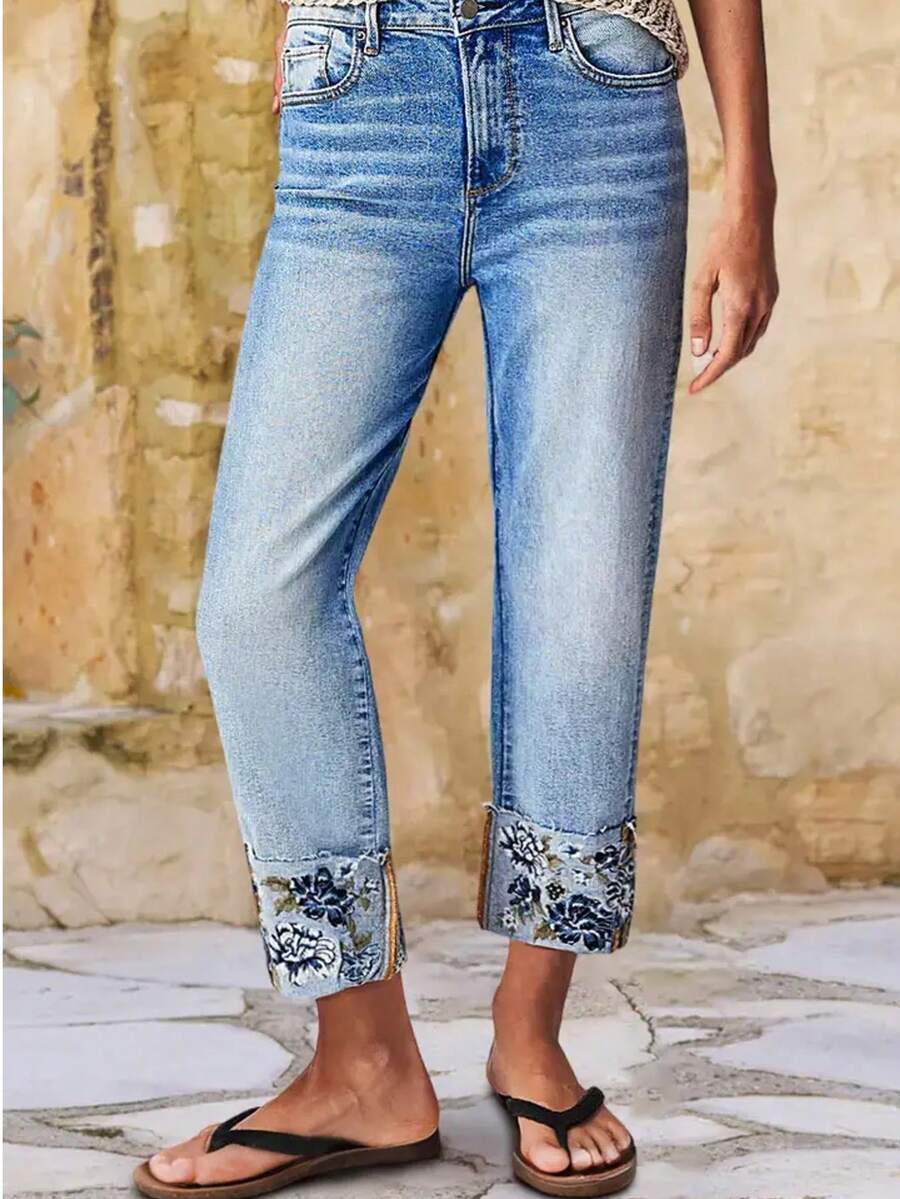 Women's Mid Rise Straight Leg Roll Hem Floral Embroidery Bohemian Denim Crop Jeans