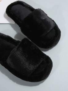 1 Pair Solid Color Casual Fabric Plush Women's Thick Bottom Slippers, Suitable For Weddings, Parties, Bridesmaids, White Fluffy Open-Toe Warm Indoor Slippers, Comfortable & Breathable For All Seasons - Black - View 8
