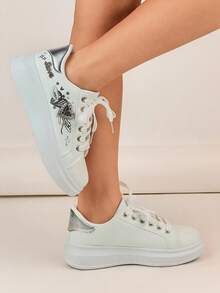 Lace-Up Casual Sneakers With Embroidered Design, Thick Sole, Unisex Athletic Shoes For All Seasons - Silver - View 4