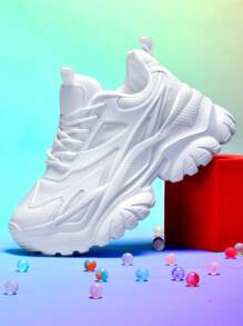 女士时尚休闲运动鞋户外纯白色厚底高跟轻便减震跑步鞋夏季透气速干网眼圆头易系带适合学生青少年日常生活约会健身办公防滑耐磨增高7CM百搭坡跟运动鞋