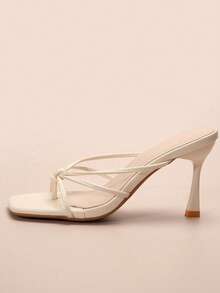 女式方头人字拖细高跟凉鞋，舒适休闲度假时尚百搭高跟凉鞋 - 杏色 - 查看 4