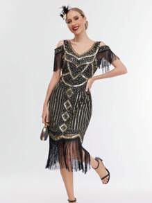 فستان سهرة أوروبي وأمريكي عتيق من الثمانينيات مع تنورة مزينة بالشراريب، فستان مترف مرصع بالترتر والخرز للحفلات الراقية