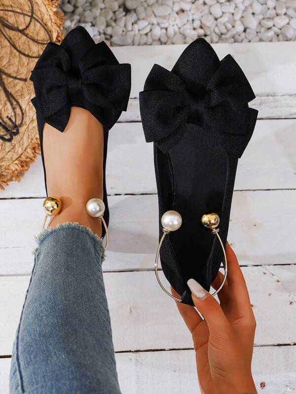 French Bow Decor Women Loafers Slip-On Pointed Toe Casual Flats