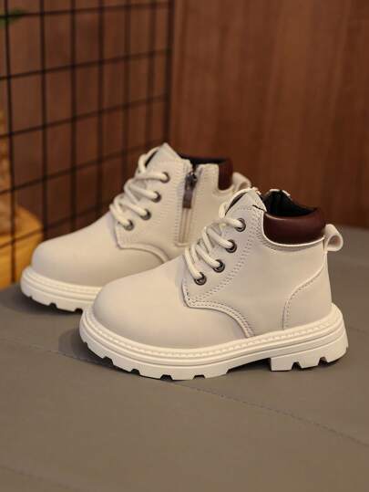 1 Pair Toddler/Kids Lace-Up Boots, Soft Suede PU Material, Round Toe, Zipper Design, Comfortable Rubber Sole, Retro British Style, Warm & Cute, Suitable For Boys & Girls, Autumn/Winter