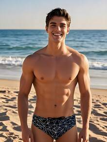 1 Quần bơi nam cạp thấp co giãn, nhanh khô, thoải mái, họa tiết in gợi cảm, không thể thiếu cho kỳ nghỉ ở bãi biển - màu đen - Xem 2