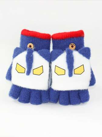 Kinder Warme Handschuhe, Fünf-Finger-Handschuhe mit Klappe, Flauschig verdickte Kälte-Schutzhandschuhe, süßes Cartoon-Design, geeignet für Jungen und Mädchen im Herbst/Winter