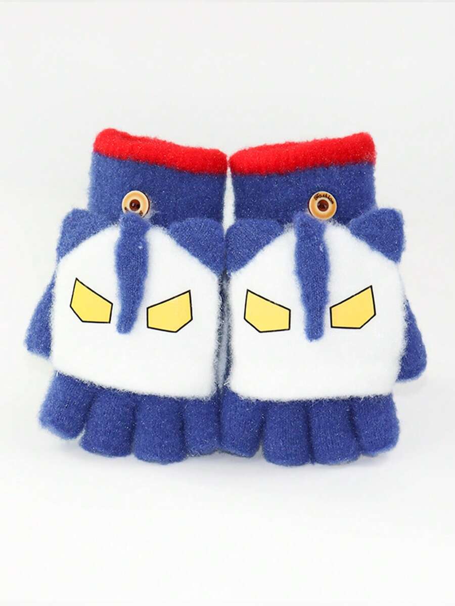 儿童保暖手套翻盖五指手套毛绒加厚防寒手套可爱卡通图案适合秋冬男童女童 - 5-12歲 - 查看 1