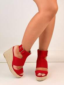 Platform Wedge Thick Bottom Peep Toe Waterproof Chunky Sole Sandals, Fashionable And Versatile European Style - Red - View 1
