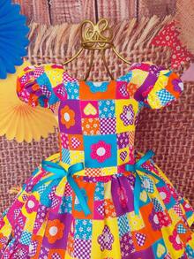 Children's Dress June Party Caipira Saint John Plaid Bow Square Dance School Fair Arraiá Northeast Costume Popcorn Queen Little Girl Girl Festivity Ruffle Youth Typical June Party - 珊瑚粉 - 查看 5