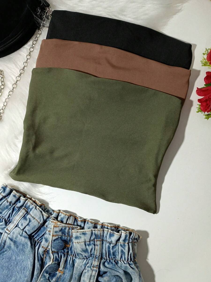 Kit 3 Tube Top Women's Cropped Top Tube Strapless Lined With Double Layer Suplex Fitted Blogger - đen/xanh lá cây/nâu - Xem 1