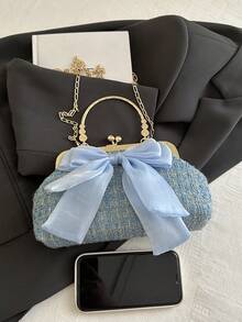 2025新款亮片链条晚宴手拿包，时尚奢华女士手提包、单肩包、斜挎包，纯色夹扣链条托特包（花卉图案随机分布），亮片 - 藍色 - 查看 9