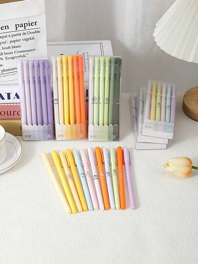 6支装黑色学生文学中性笔，高吸水性，黑色笔刷问题专用速干墨水笔型，适合各种学习场景