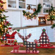 6pcs Christmas Snowman, Reindeer, Santa Claus, Red & Black Plaid Decorative Wooden Signs, Christmas Table Decor, Home Party Decoration - Red - View 7
