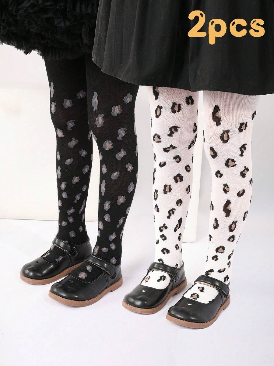 1/2 双婴儿女孩/幼儿豹纹紧身裤，女孩浪漫复古风格打底裤，适合春季、秋季和所有季节 - 彩色 - 查看 1