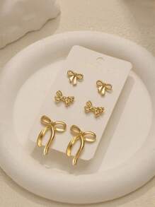 3 Pairs Of Gold Bow Earrings Set Bow Earrings Set Girls Fashion Jewelry Bow Accessories - one-size - View 5