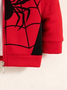 男童休闲卡通蜘蛛印花拉链落肩连帽羊毛夹克外套，秋冬