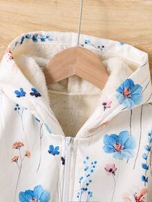 少女花卉印花保暖内衬厚款保暖连帽夹克 - 白色 - 查看 6