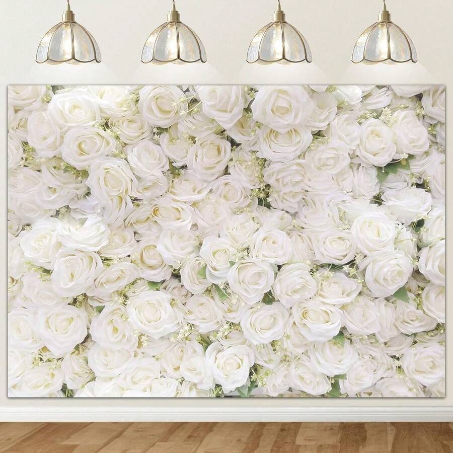 2D Flat Wedding Flower Wall Bridal Shower Party Decor Photography Backdrop, White Rose Floral Background, Portrait Photography Studio