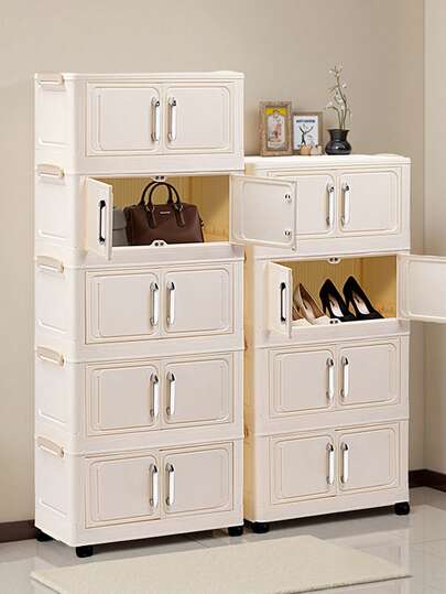 1pc (45cm/17.7in) - (60cm/23.6in) Width Foldable Storage Cabinet, Wardrobe Closet Storage Box, Portable Home Storage Organizer, Double Door Folding Cabinet, 1-5 Tiers Selectable, Thickened Double Door With Wheels Storage Cabinet, Home Use No-Assembly Storage Rack, Organizer For Clothes & Toys Plastic Folding Storage Cabinet