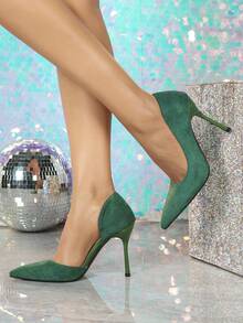女士优雅绿色高跟鞋，时尚纤细尖头高跟鞋，性感侧镂空细高跟鞋