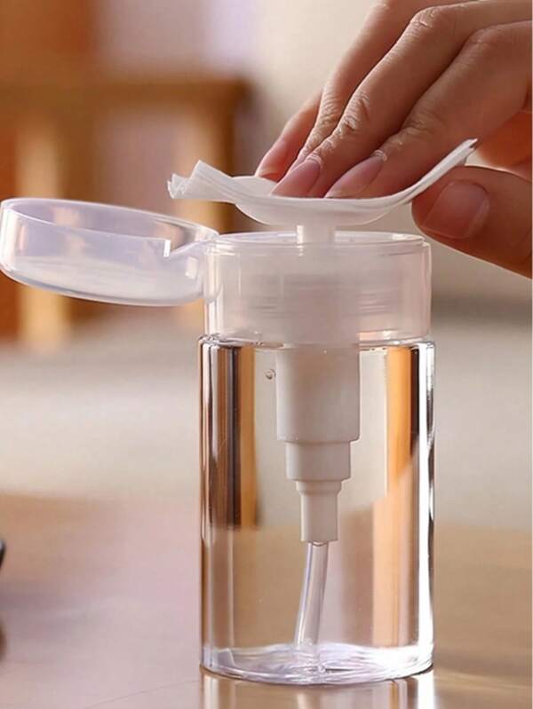 1pc Transparent Nail Polish Remover Bottle With Air Pump, Push-Down Lockable Dispenser, Portable Makeup Remover Liquid Storage Bottle, Cosmetic Organizer, White - Travel Accessory
