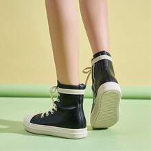 Woman's Thin Shoelaces, Round Toe Shoes, High-Top Casual Shoes, Minority Retro Thick-Soled Skateboard Shoes. - 黑色 - 查看 3