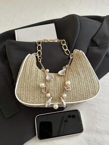 时尚金属链条手柄花卉面料包，休闲新月形草编贝壳链条单肩包，女士手提包