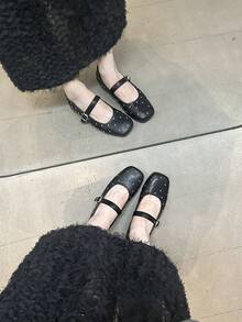 Chaussures plates augmentant la taille pour femmes, semelle souple confortable, à une seule bride, polyvalentes, bout carré, rivet, chaussures Mary Jane plates - Argent - Voir 7