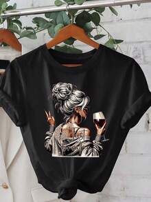 2025春夏休闲简约“Just Breathe”励志标语印花短袖圆领女式T恤，趣味葡萄酒爱好者T恤，宽松版型，适合春、夏、秋季户外休闲穿着，黑色 - 黑色 - 查看 1