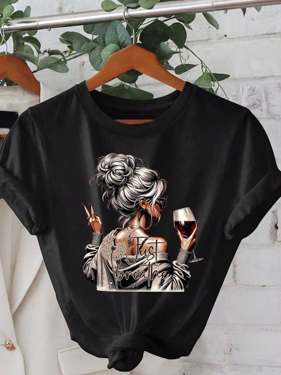 2025春夏休闲简约“Just Breathe”励志标语印花短袖圆领女式T恤，趣味葡萄酒爱好者T恤，宽松版型，适合春、夏、秋季户外休闲穿着，黑色 - 黑色 - 查看 1