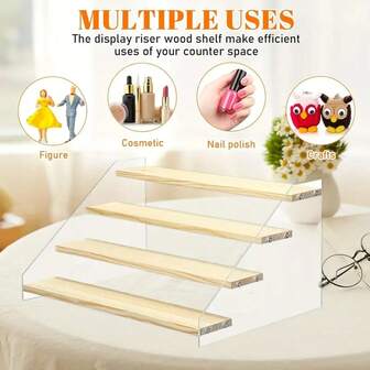 1个亚克力展示架，带木质梯形框架 - 3/4层桌面三角形收纳架，透明桌面整理架，适用于手镯、珠宝、耳环和玩偶 - 非常适合房间、商店或办公室装饰、货架装饰、节日礼物