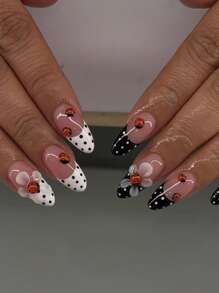 用 24 片 3D 凝胶指甲瓢虫法式杏仁按压指甲改变您的指甲，完美贴合中等长度设计亚克力假指甲，包含 1 片果冻胶和 1 片指甲锉，万圣节指甲，适合女士和女孩日常工作派对使用指甲用品指甲 - 彩色 - 查看 2