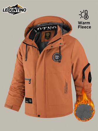 LEDUNTINO Men's Fall/Winter Fashion Zip-Up Outdoor Casual Jacket, Solid Color, Multi-Pocket Design, Detachable Hood, Letter-Print Jacket, Boyfriend Gift, Thickened Style, Ideal For Autumn Winter Outings & Daily Wear, Winter Top