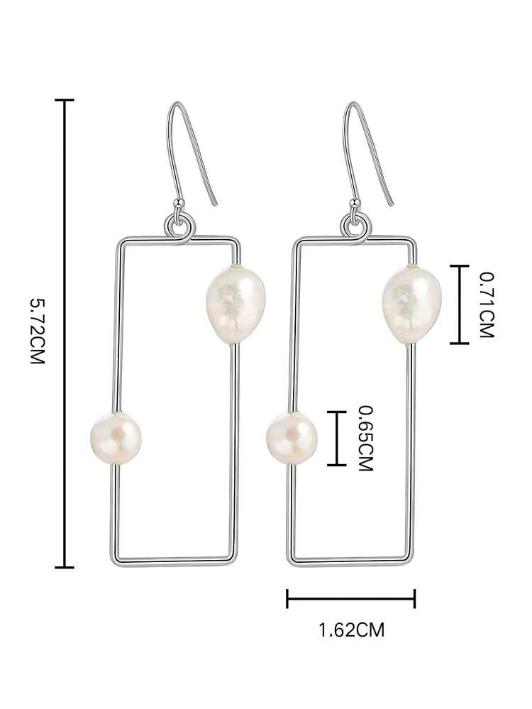 1 对手工制作的 925 纯银天然巴洛克珍珠几何矩形耳环，优雅独特，适合女性休闲和工作穿着 - 長方形巴洛克珍珠耳環 - 查看 4