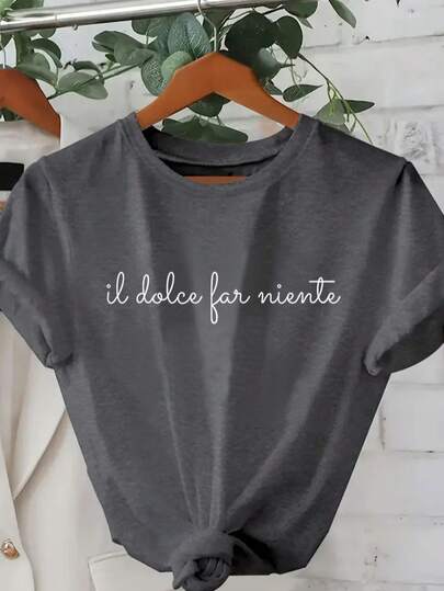 Plus Size Women Italian "Il Dolce Far Niente" Graphic Tee, Casual Round Neck Short Sleeve T-Shirt, Spring/Summer