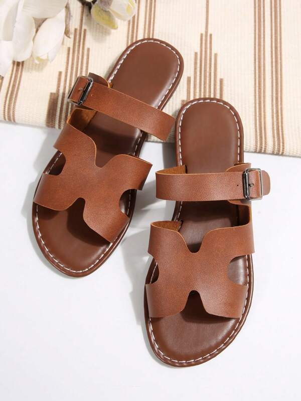 New Women's Fashion Slip-On Flat Sandals, Solid Color Bohemian PU Leather Hollow-Out Beach Slippers, Summer